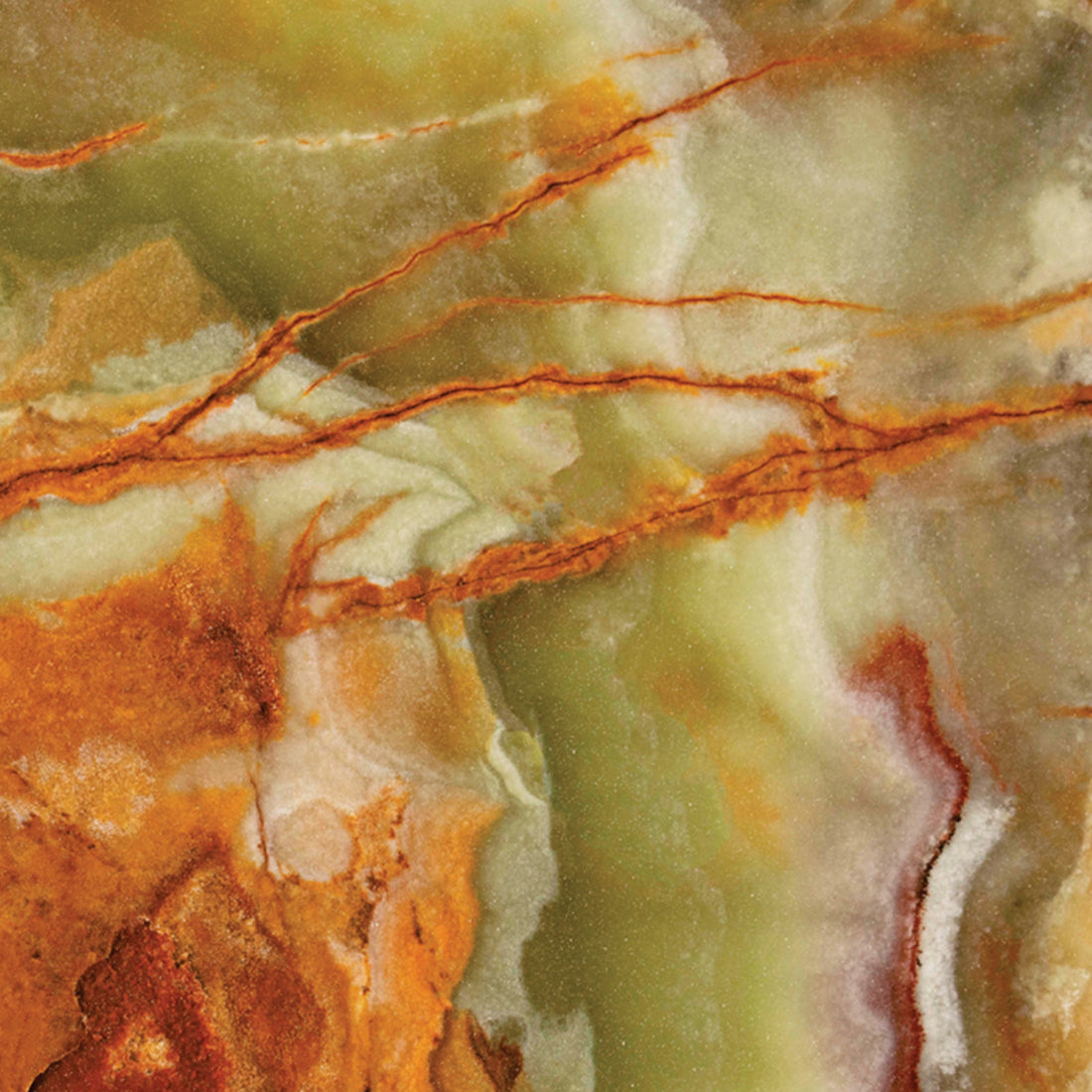 FX‑022 Onice Verde Fiamma flexible marble panel close‑up showing translucent olive‑green base with fiery orange‑red veins and creamy white banding, by Dunya Home Design