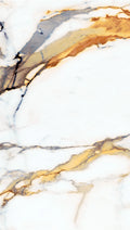 FX‑025 Gold Veined Calacatta flexible marble panel close‑up showcasing a crisp white base with dramatic shimmering gold and soft gray vein patterns, by Dunya Home Design