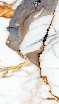 FX‑025 Gold Veined Calacatta flexible marble panel close‑up showcasing a crisp white base with dramatic shimmering gold and soft gray vein patterns, by Dunya Home Design