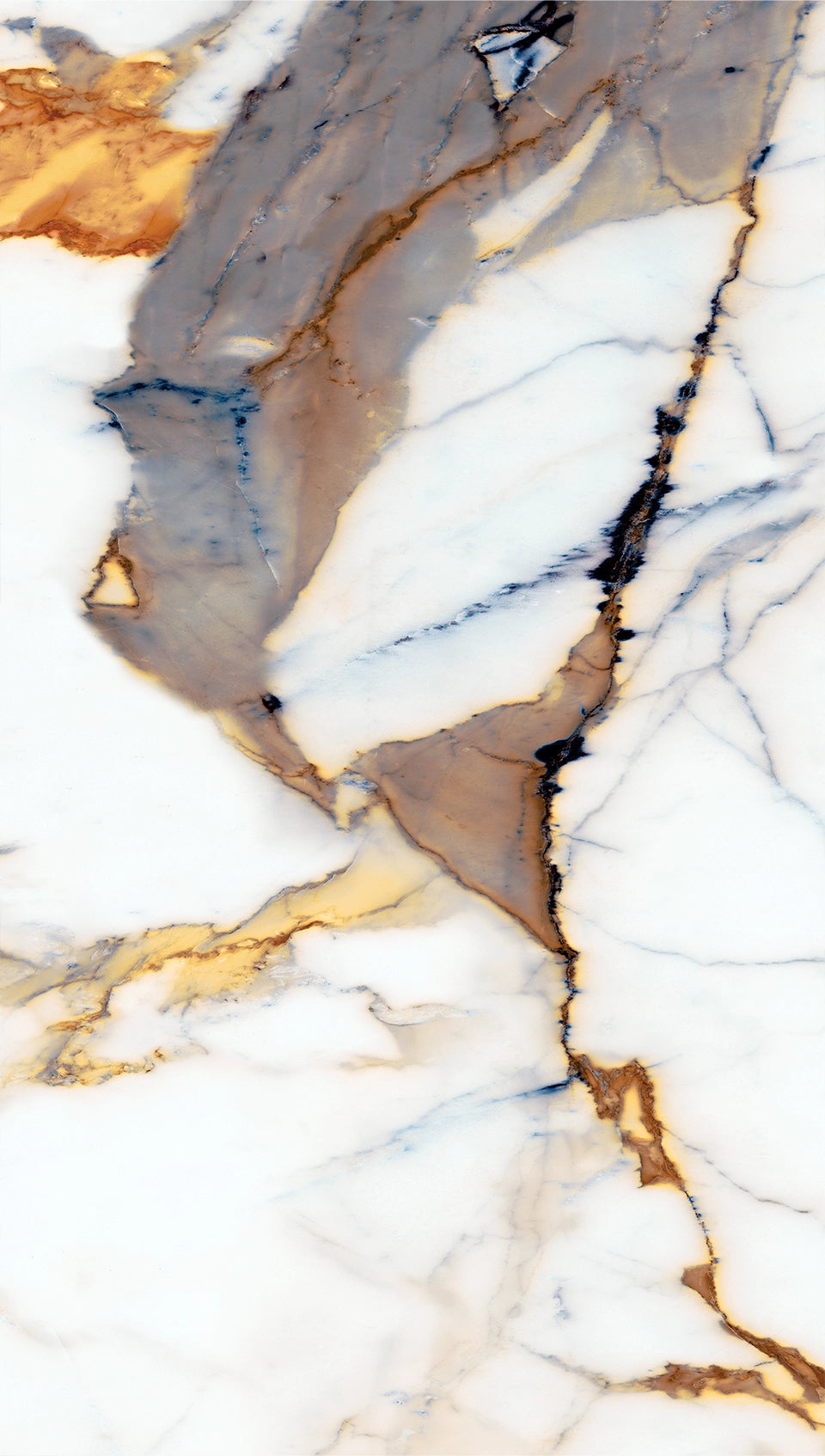 FX‑025 Gold Veined Calacatta flexible marble panel close‑up showcasing a crisp white base with dramatic shimmering gold and soft gray vein patterns, by Dunya Home Design