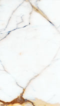 FX‑025 Gold Veined Calacatta flexible marble panel close‑up showcasing a crisp white base with dramatic shimmering gold and soft gray vein patterns, by Dunya Home Design
