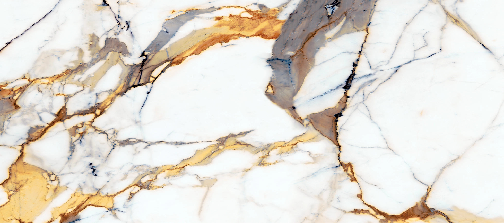 FX‑025 Gold Veined Calacatta flexible marble panel close‑up showcasing a crisp white base with dramatic shimmering gold and soft gray vein patterns, by Dunya Home Design