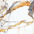 FX‑025 Gold Veined Calacatta flexible marble panel close‑up showcasing a crisp white base with dramatic shimmering gold and soft gray vein patterns, by Dunya Home Design