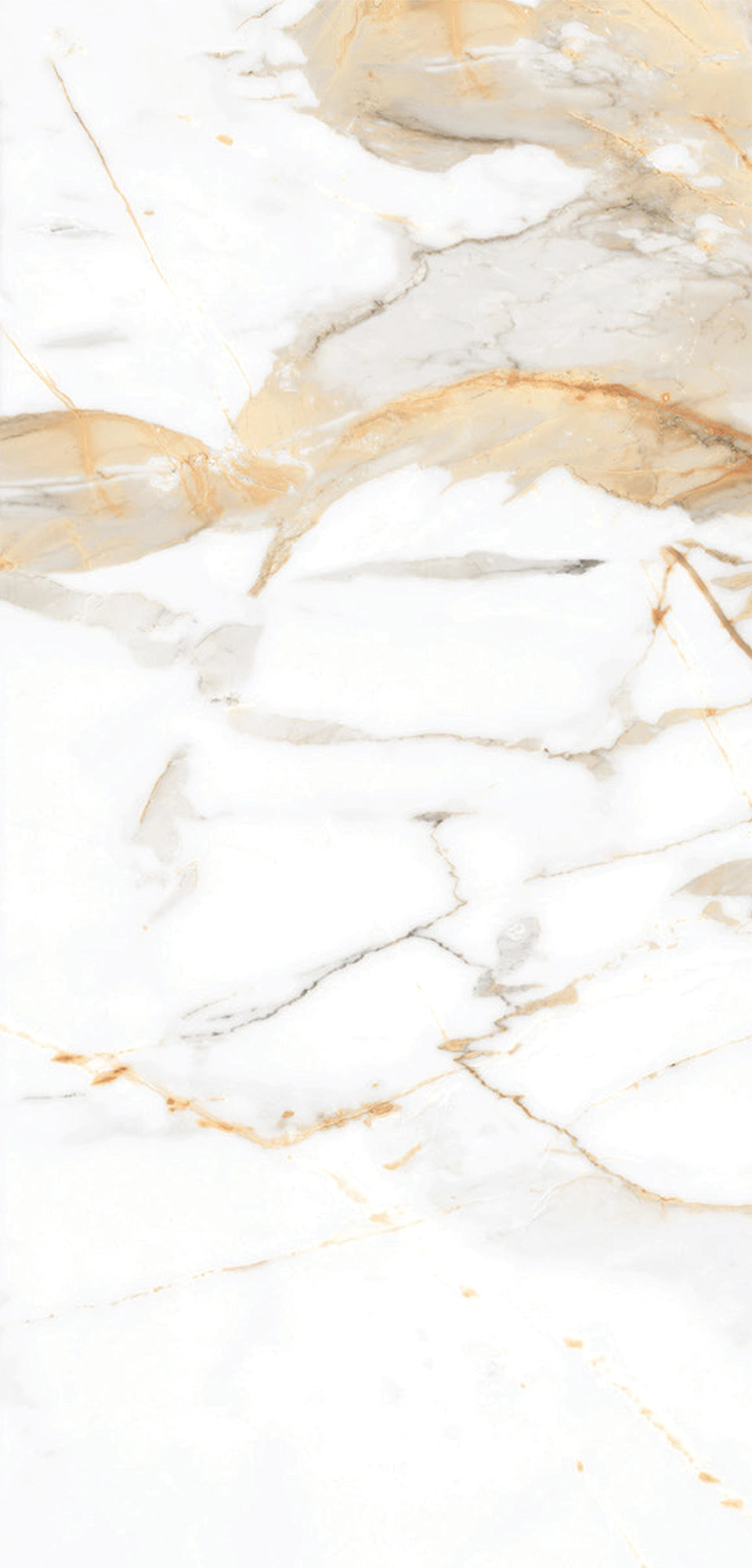FX‑034 Calacatta Gold Supreme flexible marble panel close‑up showing a polished white base with intricate warm gold and light beige veins accented by subtle gray streaks, by Dunya Home Design