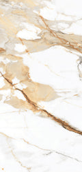 FX‑034 Calacatta Gold Supreme flexible marble panel close‑up showing a polished white base with intricate warm gold and light beige veins accented by subtle gray streaks, by Dunya Home Design