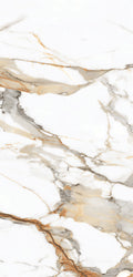 FX‑034 Calacatta Gold Supreme flexible marble panel close‑up showing a polished white base with intricate warm gold and light beige veins accented by subtle gray streaks, by Dunya Home Design