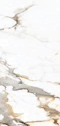 FX‑034 Calacatta Gold Supreme flexible marble panel close‑up showing a polished white base with intricate warm gold and light beige veins accented by subtle gray streaks, by Dunya Home Design