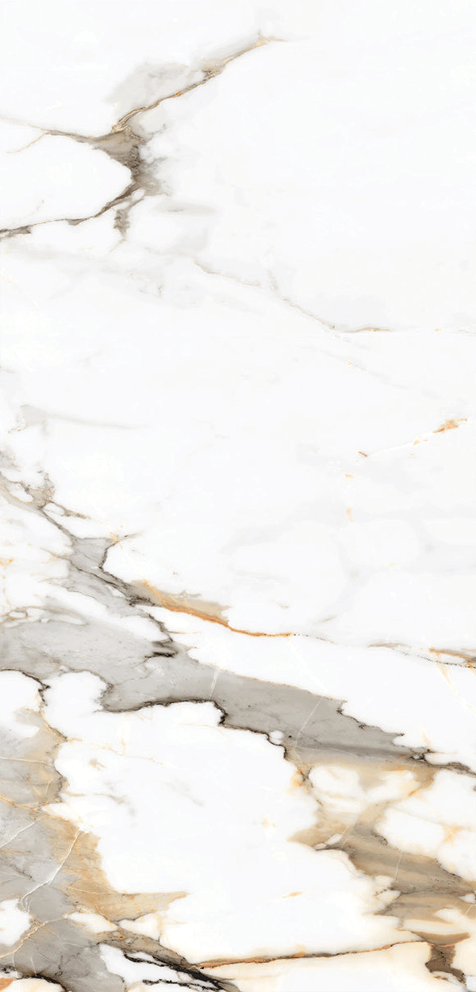 FX‑034 Calacatta Gold Supreme flexible marble panel close‑up showing a polished white base with intricate warm gold and light beige veins accented by subtle gray streaks, by Dunya Home Design