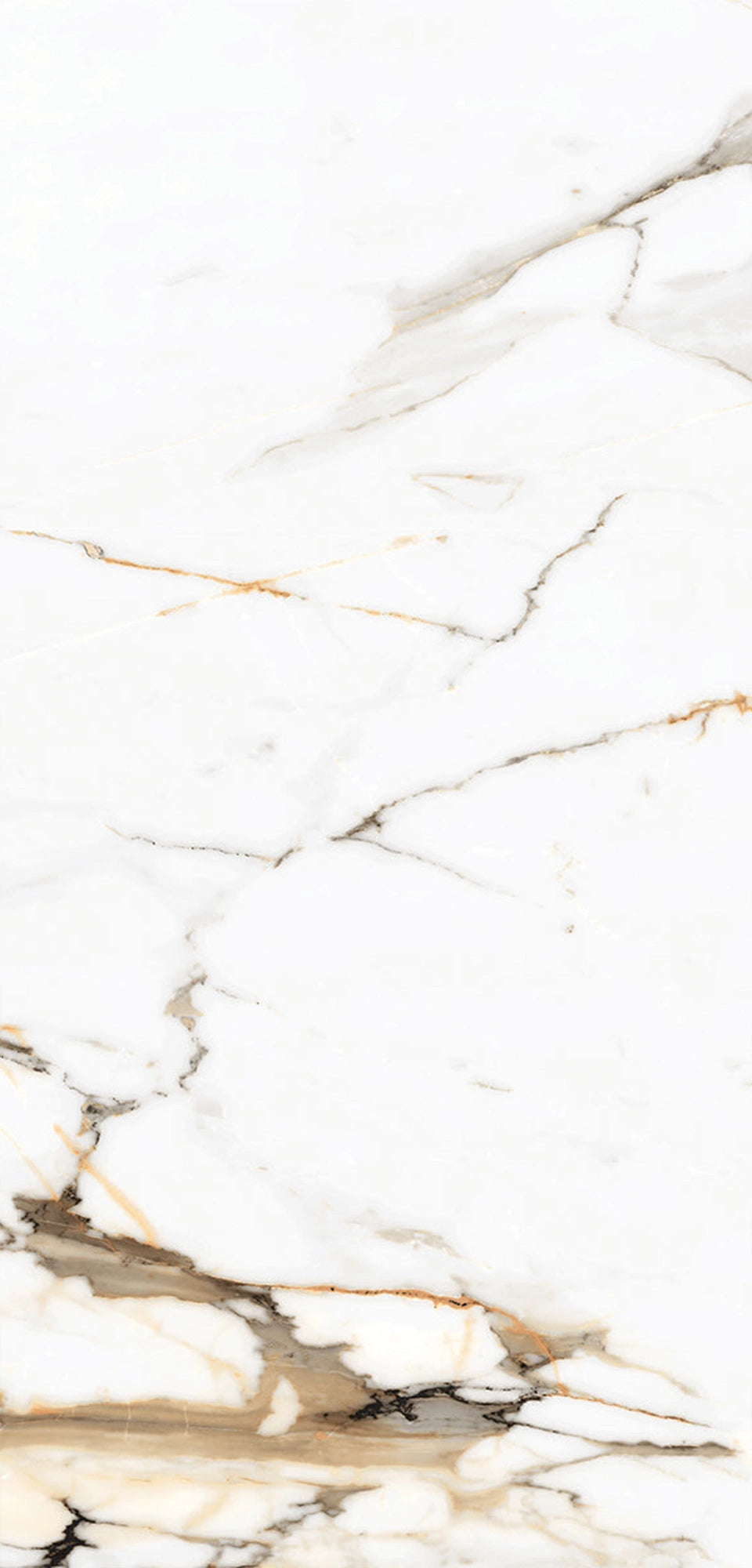 FX‑034 Calacatta Gold Supreme flexible marble panel close‑up showing a polished white base with intricate warm gold and light beige veins accented by subtle gray streaks, by Dunya Home Design