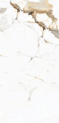 FX‑034 Calacatta Gold Supreme flexible marble panel close‑up showing a polished white base with intricate warm gold and light beige veins accented by subtle gray streaks, by Dunya Home Design