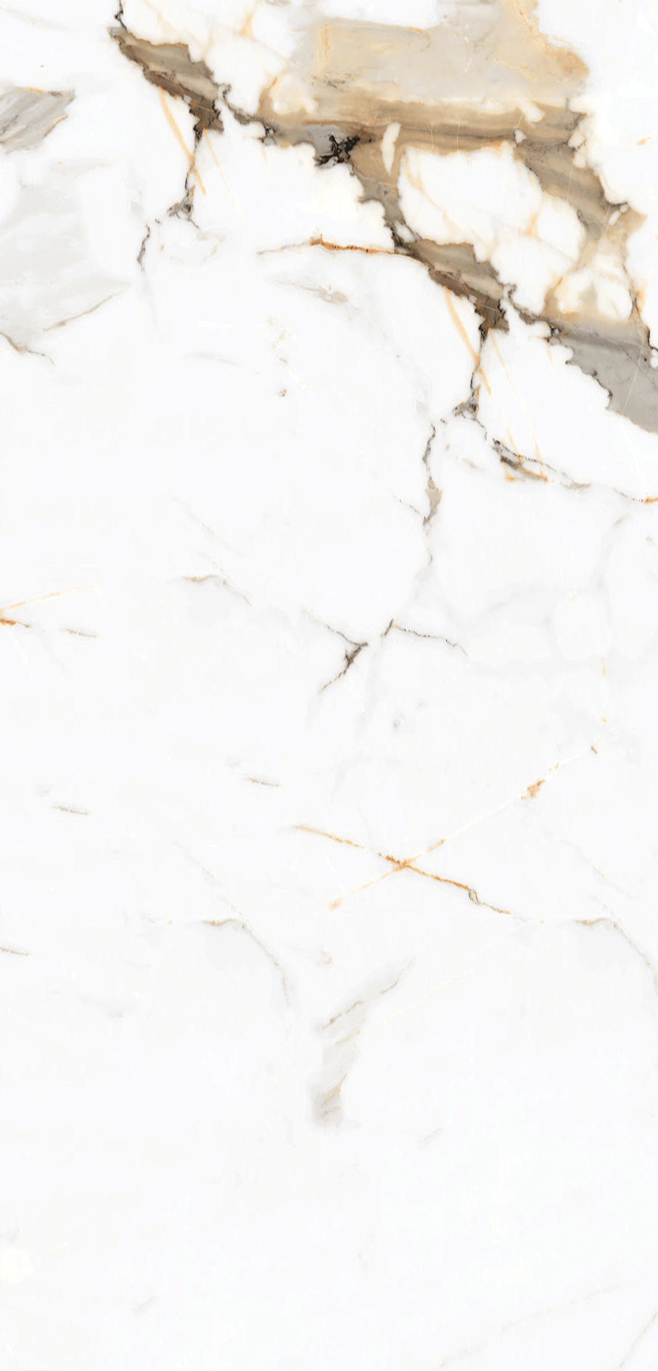 FX‑034 Calacatta Gold Supreme flexible marble panel close‑up showing a polished white base with intricate warm gold and light beige veins accented by subtle gray streaks, by Dunya Home Design