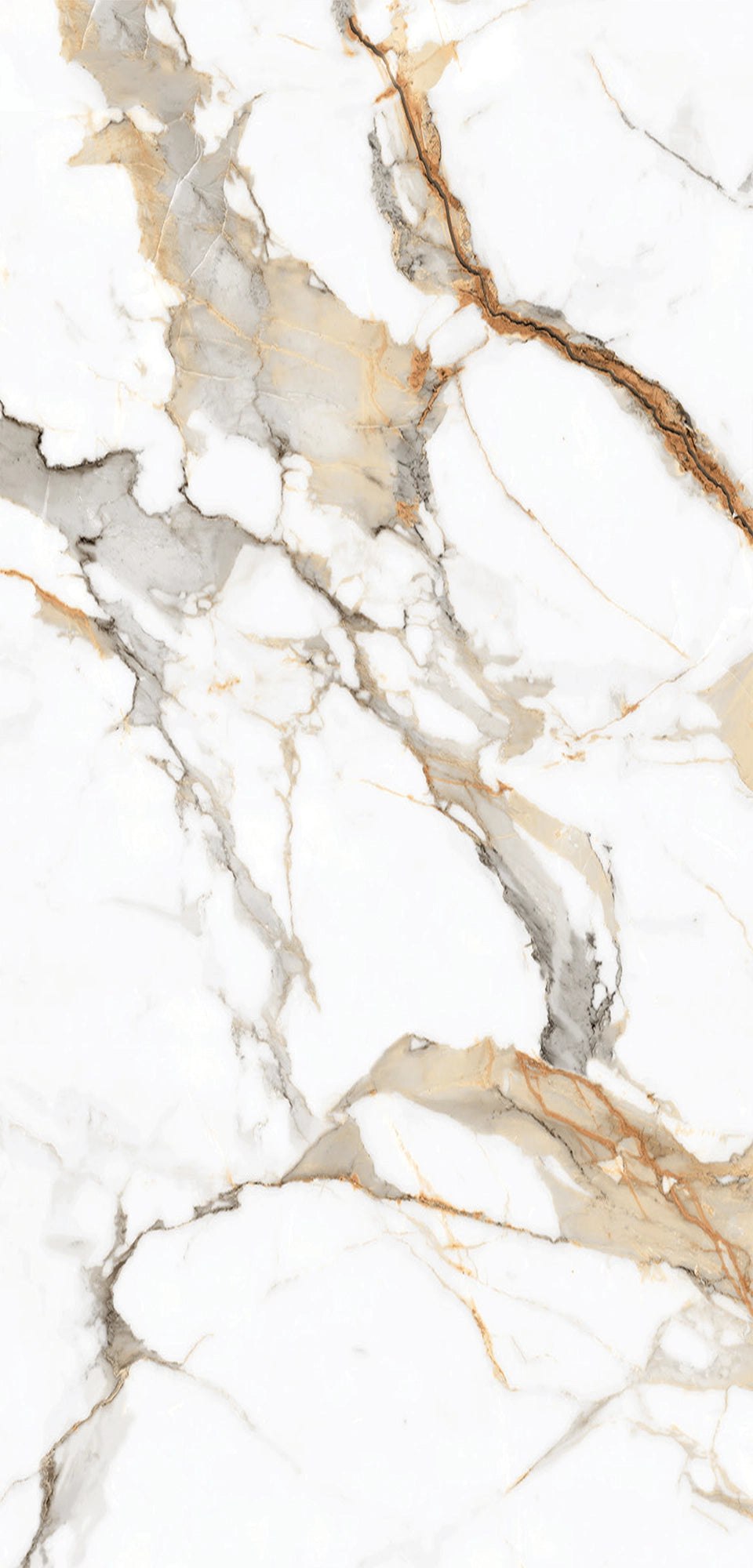 FX‑034 Calacatta Gold Supreme flexible marble panel close‑up showing a polished white base with intricate warm gold and light beige veins accented by subtle gray streaks, by Dunya Home Design