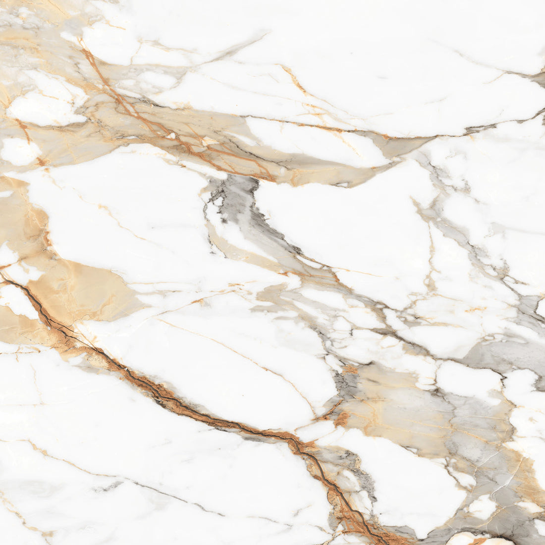 FX‑034 Calacatta Gold Supreme flexible marble panel close‑up showing a polished white base with intricate warm gold and light beige veins accented by subtle gray streaks, by Dunya Home Design