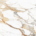 FX‑034 Calacatta Gold Supreme flexible marble panel close‑up showing a polished white base with intricate warm gold and light beige veins accented by subtle gray streaks, by Dunya Home Design