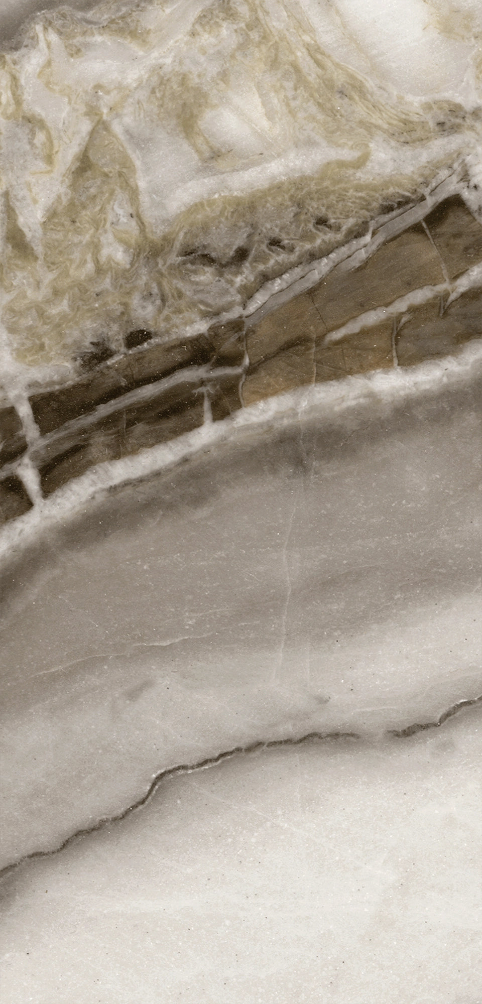 FX‑039 Calacatta Light Brown flexible marble panel showcasing rich light brown and taupe veins sweeping across a soft white background with subtle cream and gray accents, by Dunya Home Design