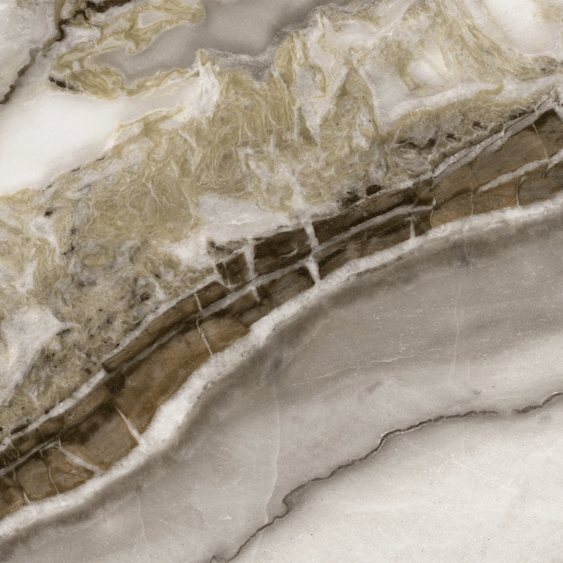 FX‑039 Calacatta Light Brown flexible marble panel showcasing rich light brown and taupe veins sweeping across a soft white background with subtle cream and gray accents, by Dunya Home Design