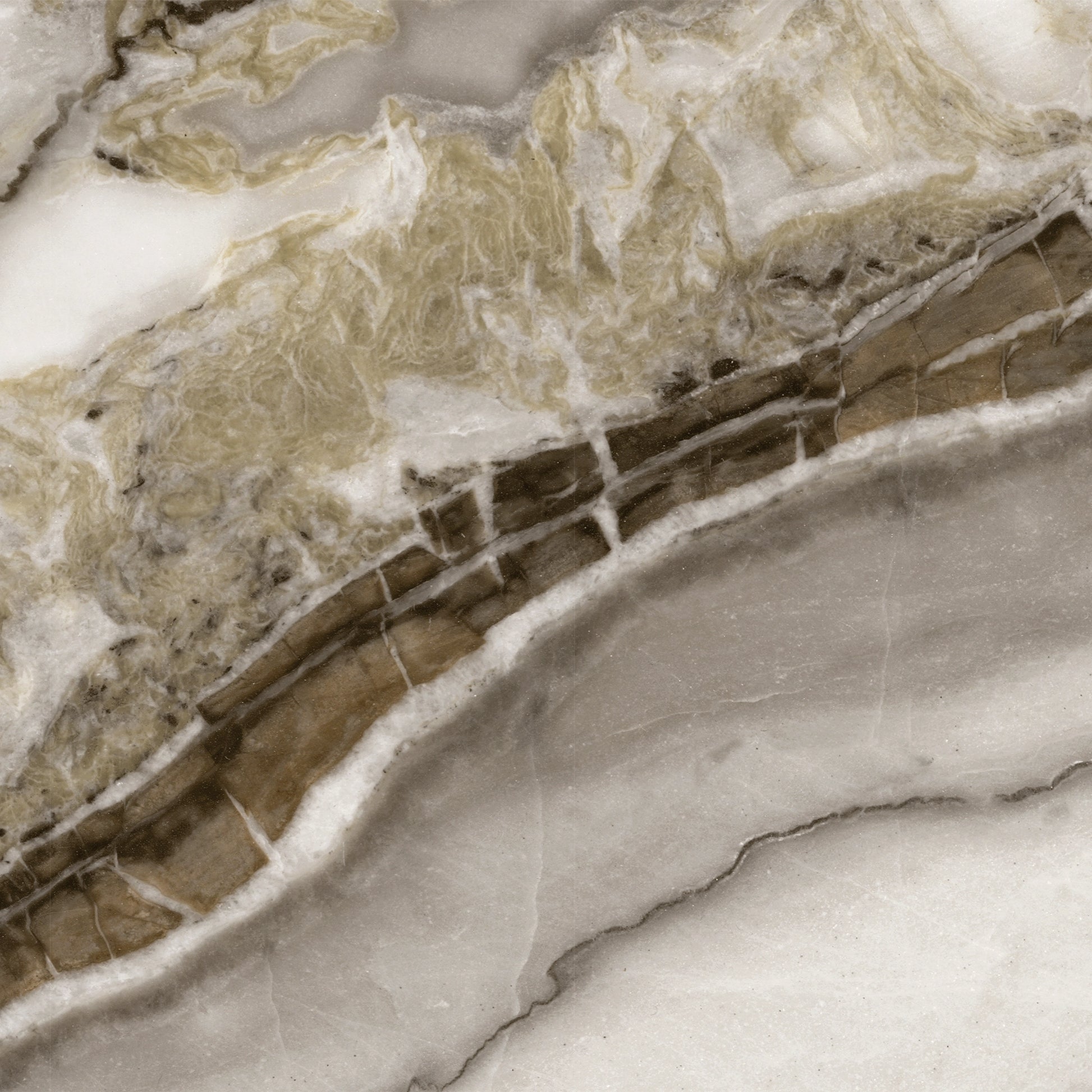 FX‑039 Calacatta Light Brown flexible marble panel showcasing rich light brown and taupe veins sweeping across a soft white background with subtle cream and gray accents, by Dunya Home Design