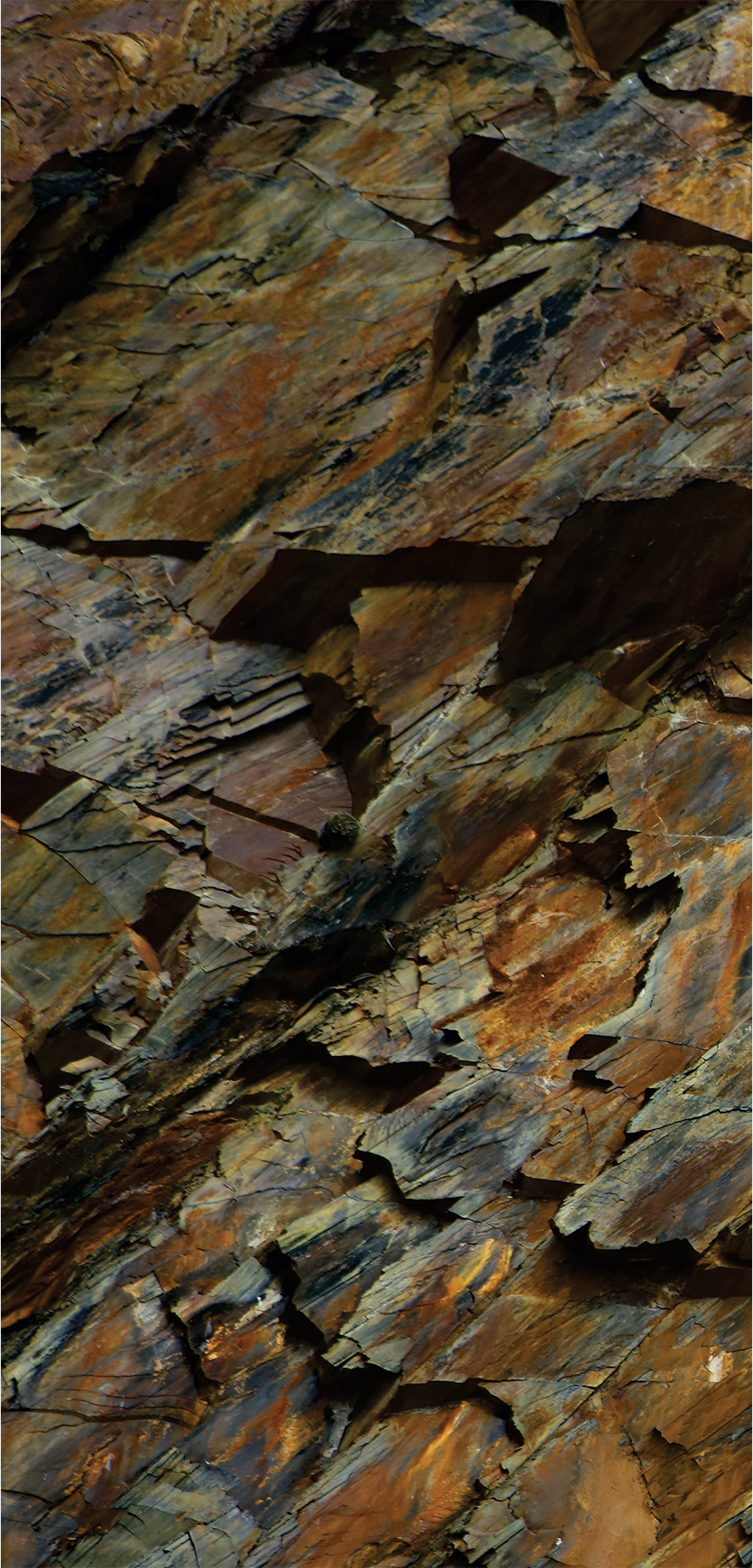FX‑046 Natural Rock Beycik flexible marble panel showcasing rugged stratified rock layers in rich browns, grays, and rust tones with realistic fissures and texture printing, by Dunya Home Design.