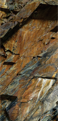 FX‑046 Natural Rock Beycik flexible marble panel showcasing rugged stratified rock layers in rich browns, grays, and rust tones with realistic fissures and texture printing, by Dunya Home Design.