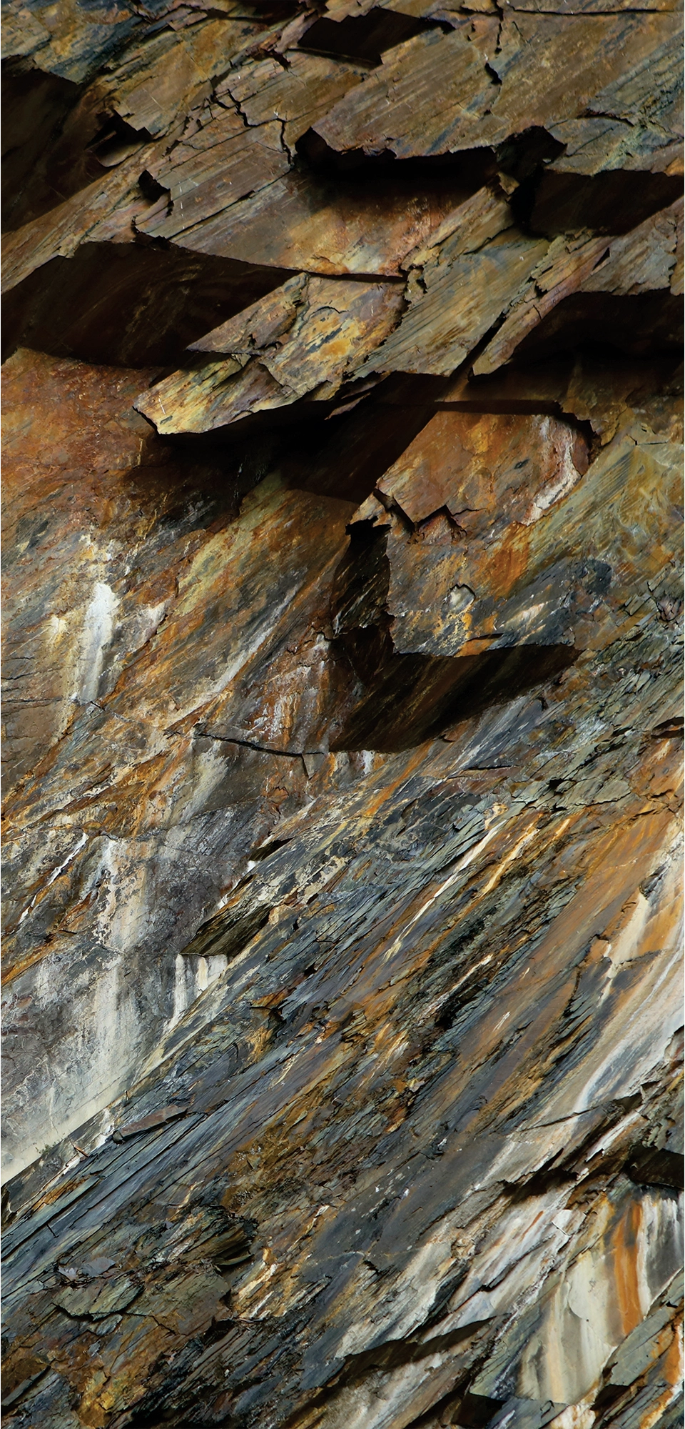 FX‑046 Natural Rock Beycik flexible marble panel showcasing rugged stratified rock layers in rich browns, grays, and rust tones with realistic fissures and texture printing, by Dunya Home Design.