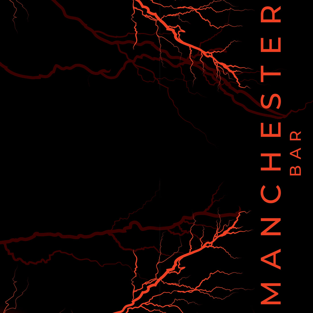 FX‑066 Manchester Bar flexible marble panel featuring bold red lightning‑style veins against a sleek black background with vertical ‘MANCHESTER BAR’ branding, by Dunya Home Design.
