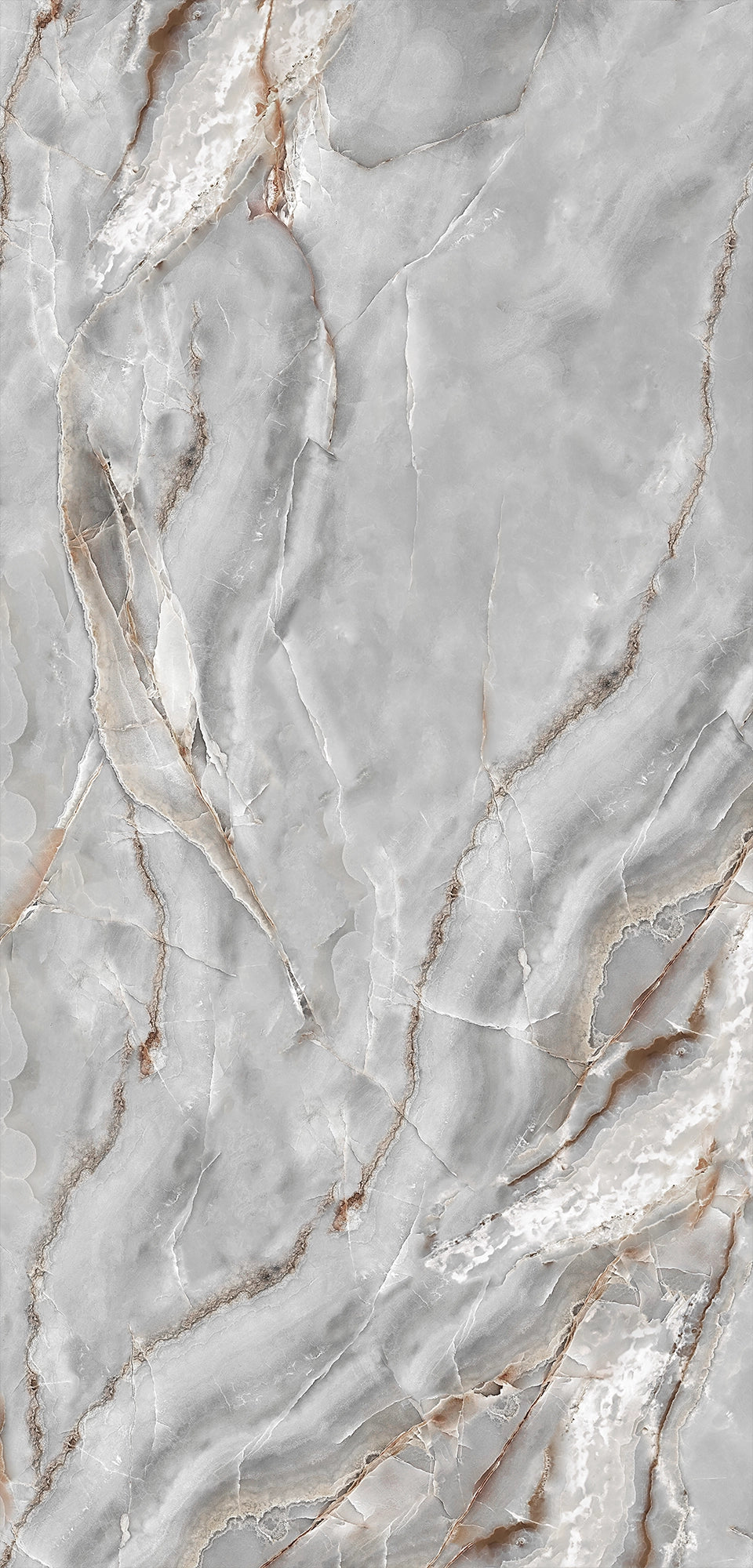 FX‑077 Luxury Grey Onyx flexible marble panel showcasing swirling smoky grey onyx patterns with delicate white cloud‑like inclusions and subtle warm beige veins, by Dunya Home Design.