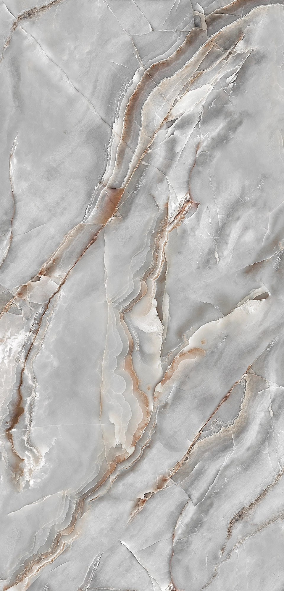 FX‑077 Luxury Grey Onyx flexible marble panel showcasing swirling smoky grey onyx patterns with delicate white cloud‑like inclusions and subtle warm beige veins, by Dunya Home Design.