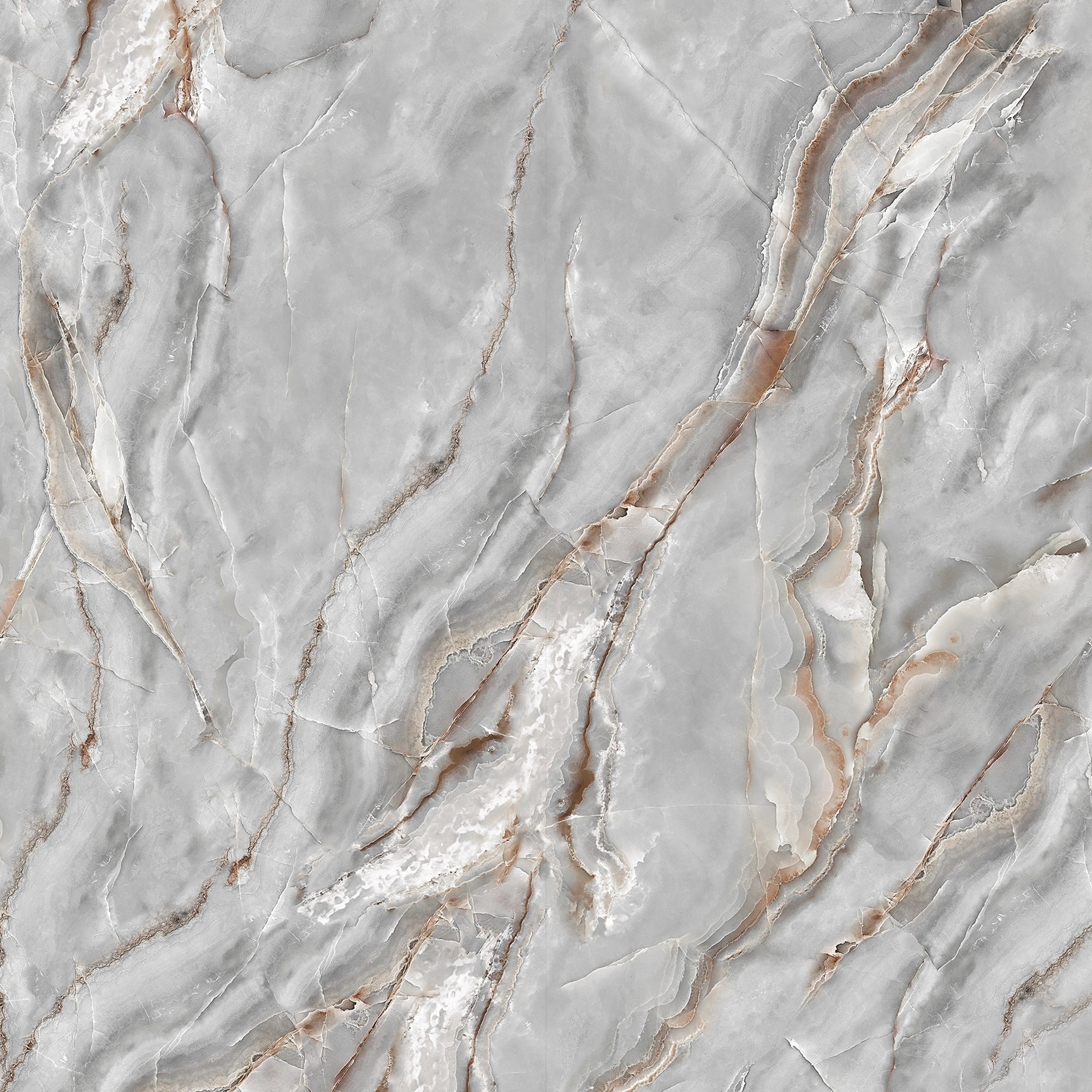 FX‑077 Luxury Grey Onyx flexible marble panel showcasing swirling smoky grey onyx patterns with delicate white cloud‑like inclusions and subtle warm beige veins, by Dunya Home Design.