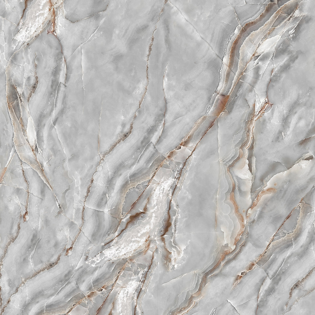 FX‑077 Luxury Grey Onyx flexible marble panel showcasing swirling smoky grey onyx patterns with delicate white cloud‑like inclusions and subtle warm beige veins, by Dunya Home Design.