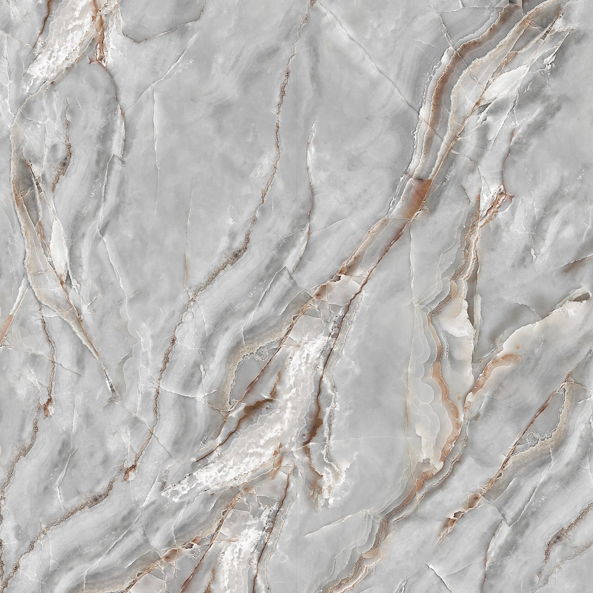 FX‑077 Luxury Grey Onyx flexible marble panel showcasing swirling smoky grey onyx patterns with delicate white cloud‑like inclusions and subtle warm beige veins, by Dunya Home Design.