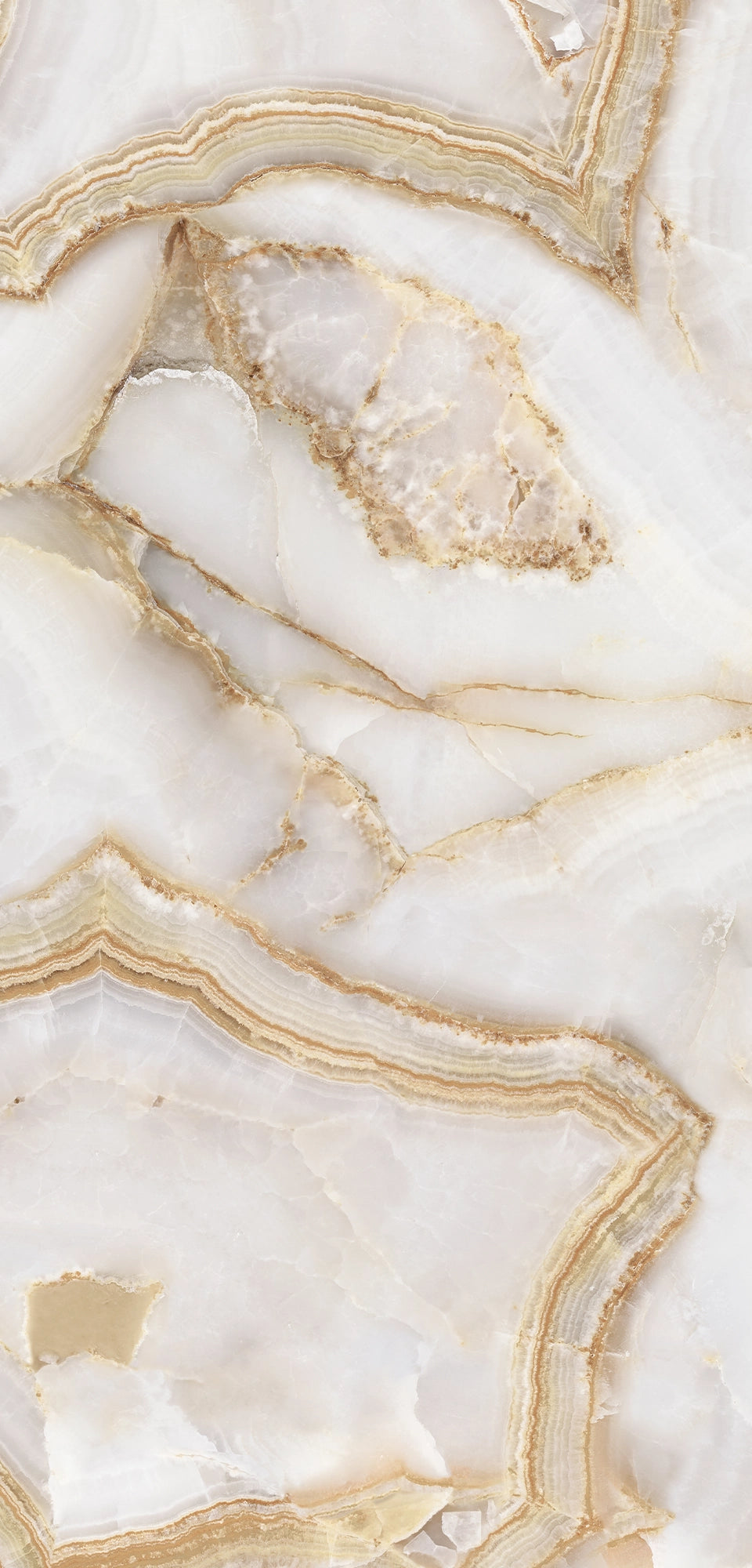 FX‑088 Oyster Onyx flexible marble panel showcasing translucent creamy white onyx layers with soft beige‑brown banded edges and subtle crystalline textures, by Dunya Home Design.