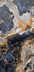 FX‑106 Blue Ember Onyx flexible marble panel showcasing dynamic swirling deep blue and ember-orange onyx veins layered with soft gray and white crystalline accents, by Dunya Home Design.