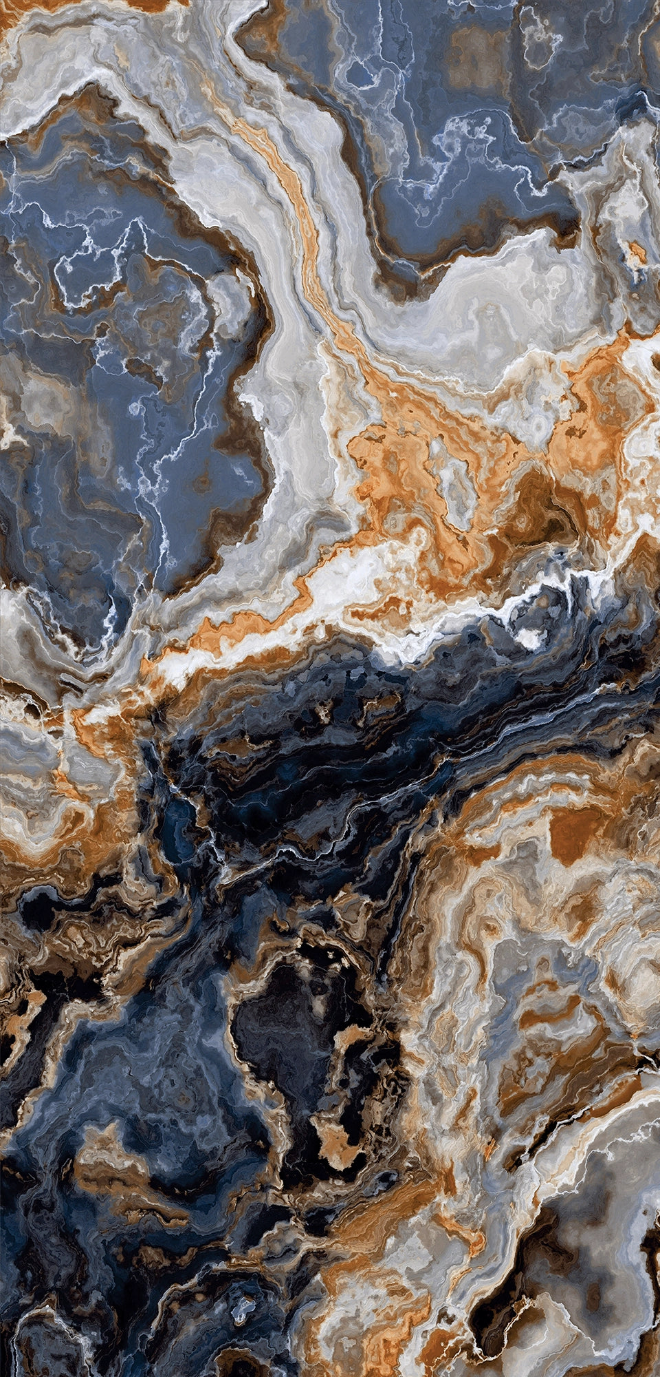 FX‑106 Blue Ember Onyx flexible marble panel showcasing dynamic swirling deep blue and ember-orange onyx veins layered with soft gray and white crystalline accents, by Dunya Home Design.