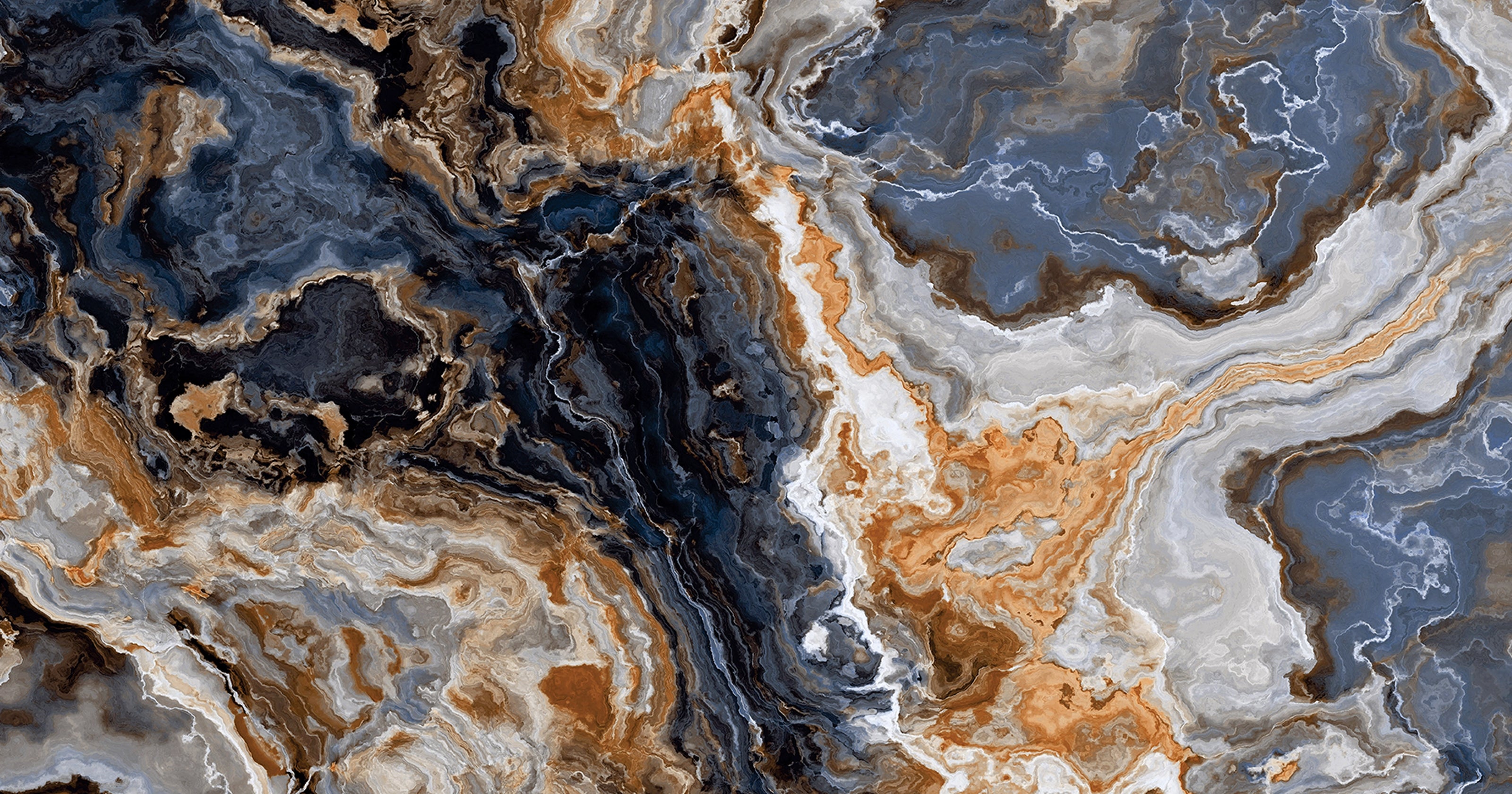 FX‑106 Blue Ember Onyx flexible marble panel showcasing dynamic swirling deep blue and ember-orange onyx veins layered with soft gray and white crystalline accents, by Dunya Home Design.