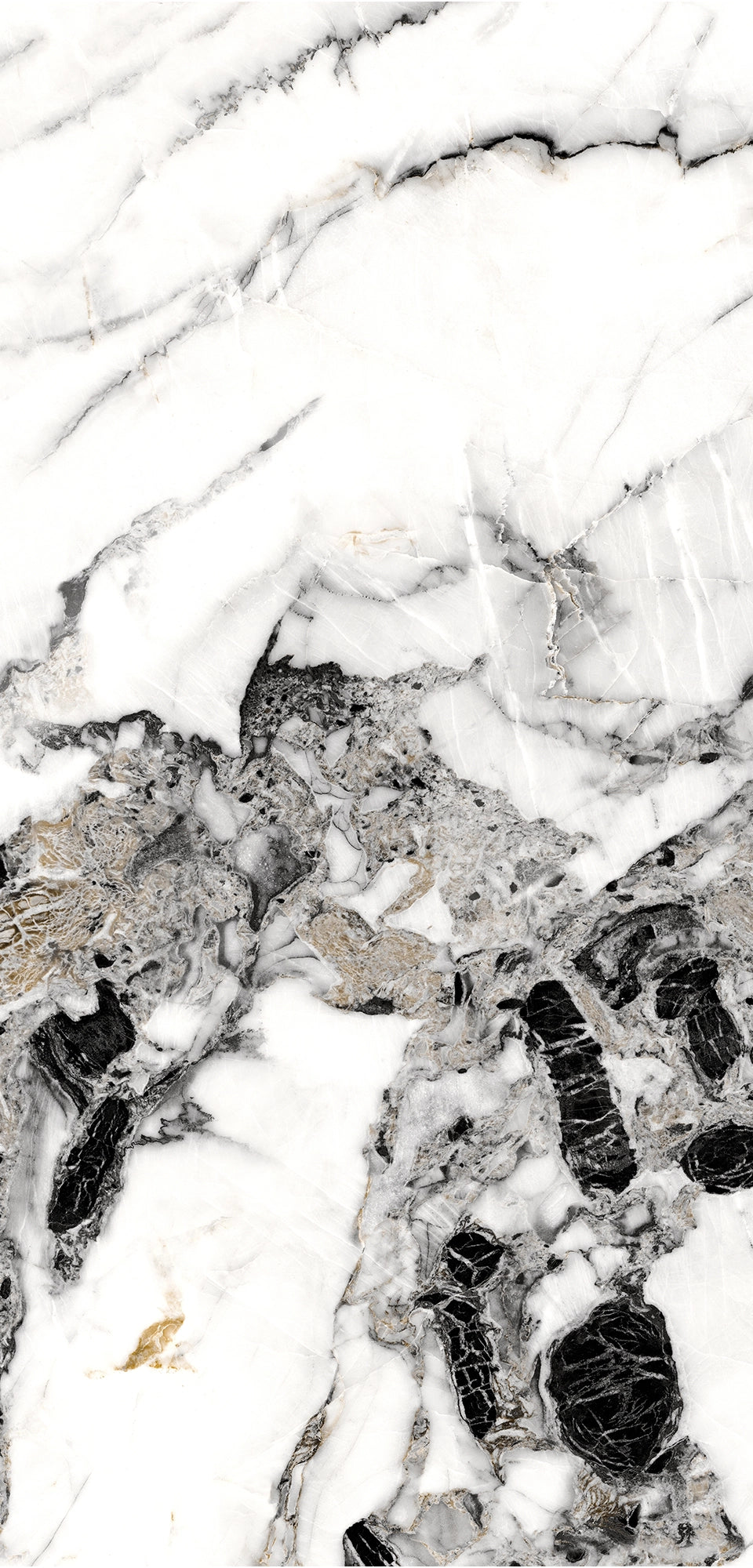 Veroli Mix flexible marble panel showcasing a crisp white base with bold irregular black veining, delicate gray marbling textures, and subtle metallic gold accents, by Dunya Home Design.