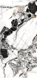 Veroli Mix flexible marble panel showcasing a crisp white base with bold irregular black veining, delicate gray marbling textures, and subtle metallic gold accents, by Dunya Home Design.