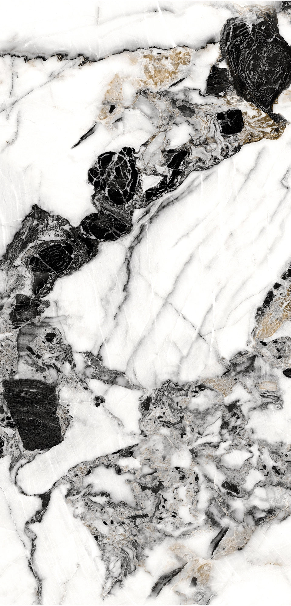 Veroli Mix flexible marble panel showcasing a crisp white base with bold irregular black veining, delicate gray marbling textures, and subtle metallic gold accents, by Dunya Home Design.