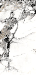 Veroli Mix flexible marble panel showcasing a crisp white base with bold irregular black veining, delicate gray marbling textures, and subtle metallic gold accents, by Dunya Home Design.