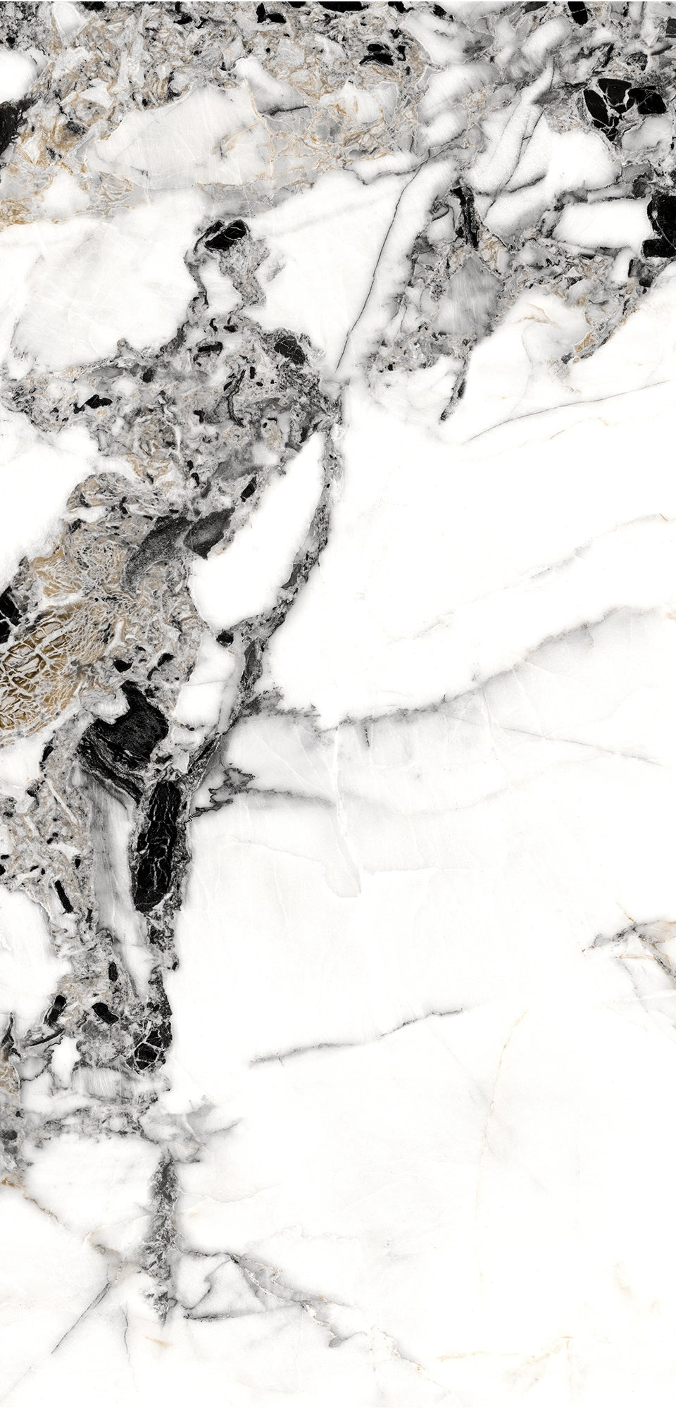Veroli Mix flexible marble panel showcasing a crisp white base with bold irregular black veining, delicate gray marbling textures, and subtle metallic gold accents, by Dunya Home Design.