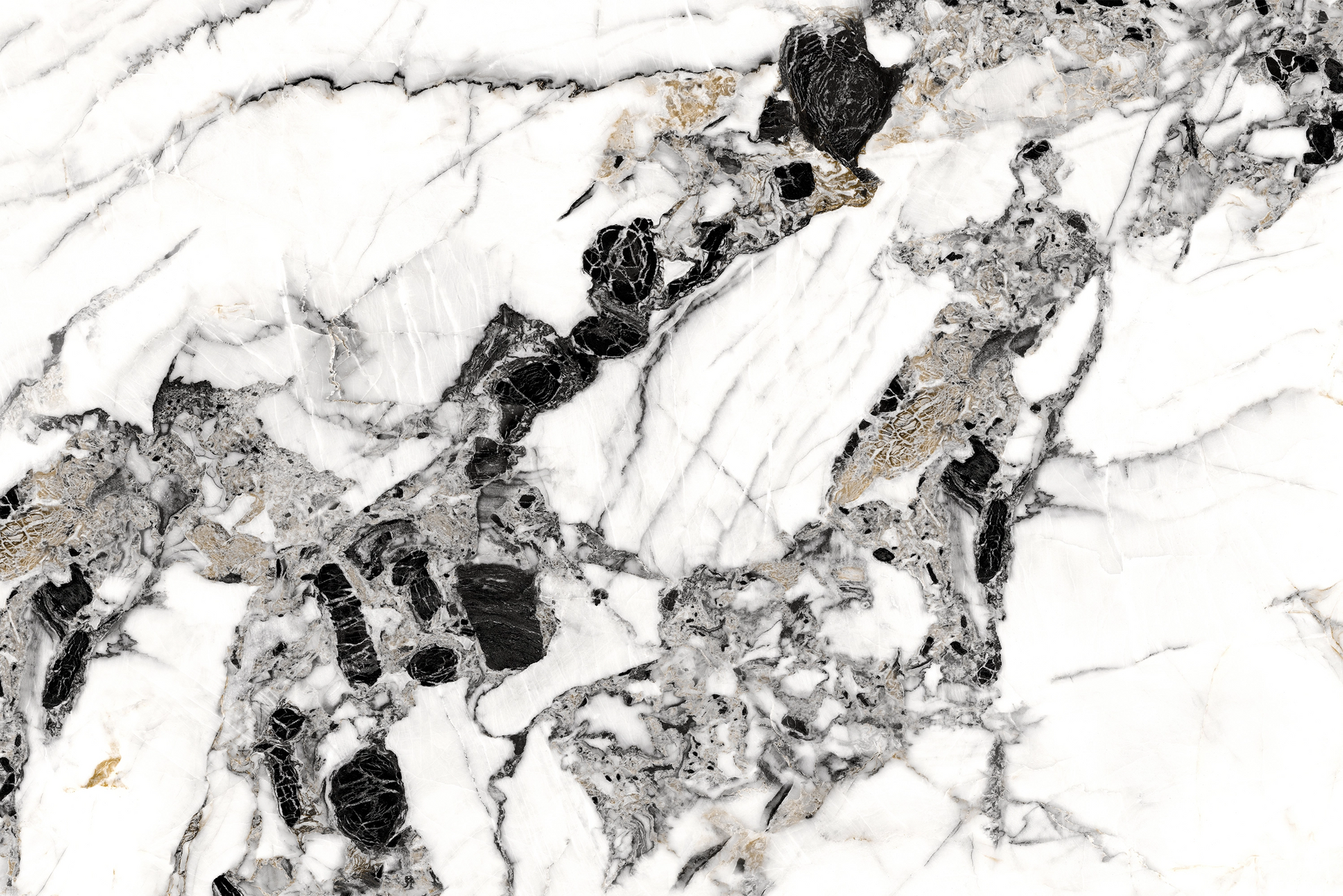 Veroli Mix flexible marble panel showcasing a crisp white base with bold irregular black veining, delicate gray marbling textures, and subtle metallic gold accents, by Dunya Home Design.