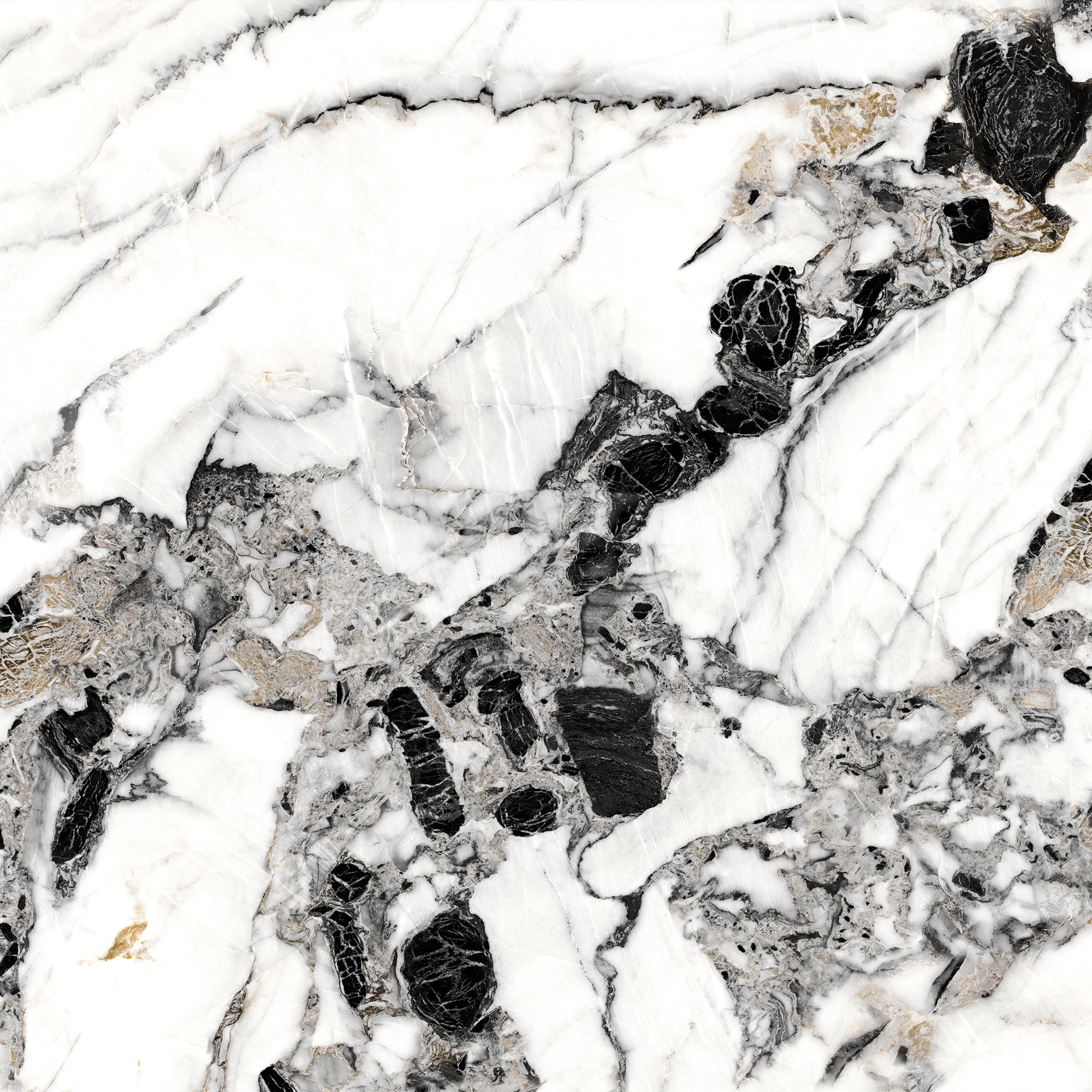 Veroli Mix flexible marble panel showcasing a crisp white base with bold irregular black veining, delicate gray marbling textures, and subtle metallic gold accents, by Dunya Home Design.