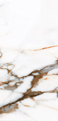 FX‑122 Ember Vein Marble flexible marble panel showcasing a bright white base with bold ember‑orange and warm gray vein patterns mimicking molten marble flows, by Dunya Home Design.