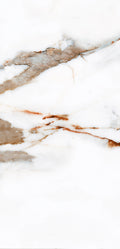 FX‑122 Ember Vein Marble flexible marble panel showcasing a bright white base with bold ember‑orange and warm gray vein patterns mimicking molten marble flows, by Dunya Home Design.