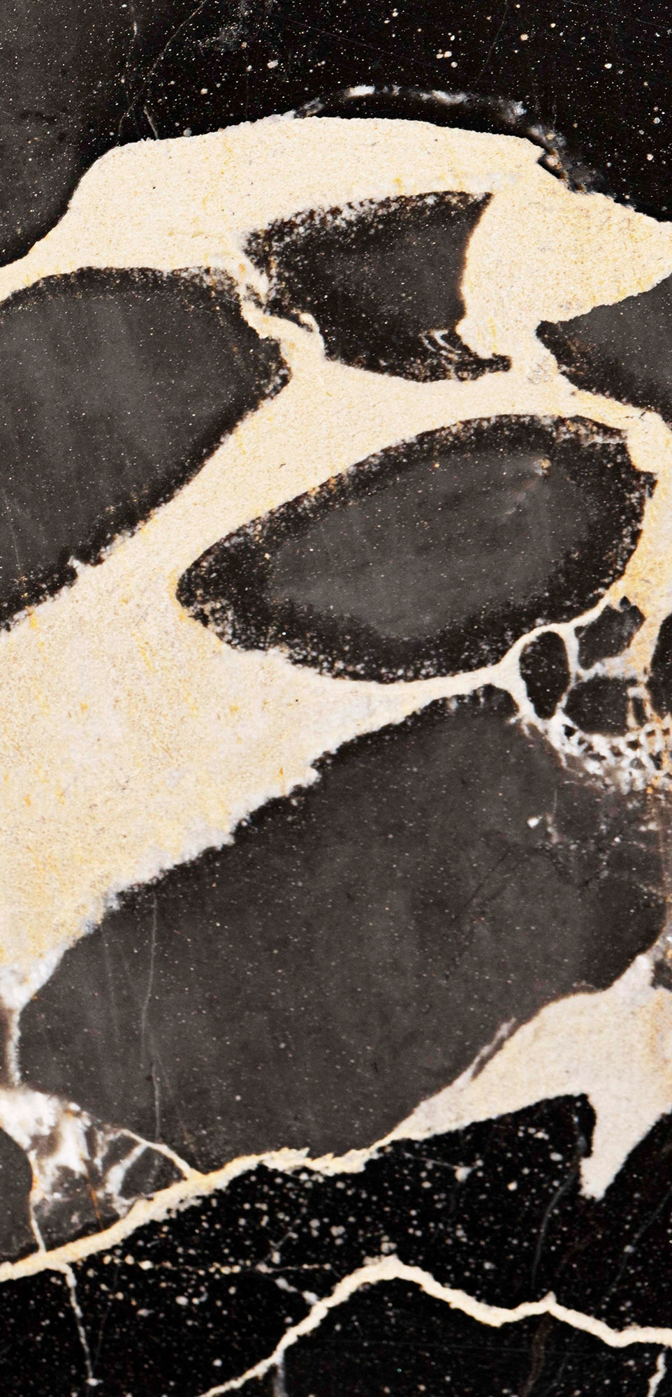 FX‑127 Midnight Pebble Marble flexible marble panel showcasing large irregular midnight-black pebble shapes embedded in a soft cream matrix with fine textural details, by Dunya Home Design.
