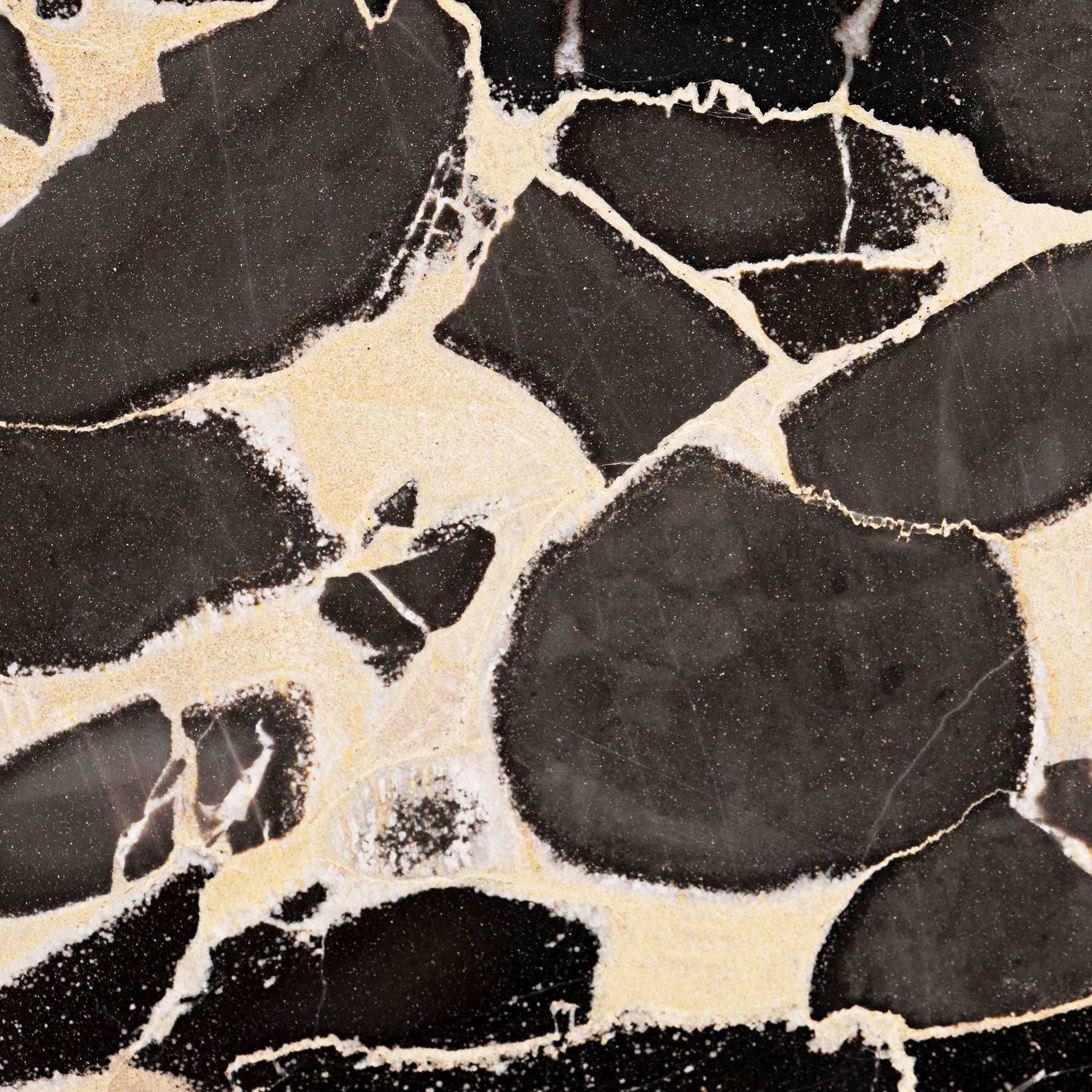 FX‑127 Midnight Pebble Marble flexible marble panel showcasing large irregular midnight-black pebble shapes embedded in a soft cream matrix with fine textural details, by Dunya Home Design.