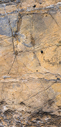 FX‑128 Ochre Strata Marble flexible marble panel showcasing layered ochre and earthy taupe sedimentary strata patterns with realistic fissures and rustic texture accents, by Dunya Home Design.