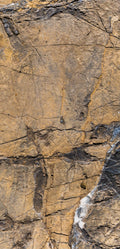 FX‑128 Ochre Strata Marble flexible marble panel showcasing layered ochre and earthy taupe sedimentary strata patterns with realistic fissures and rustic texture accents, by Dunya Home Design.
