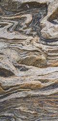 FX‑131 Desert Strata Marble flexible marble panel showcasing swirling layers of sandy beige and charcoal taupe strata with dynamic ribbon patterns, by Dunya Home Design.