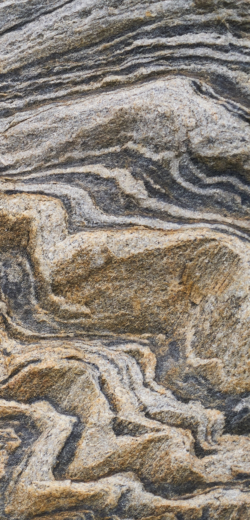 FX‑131 Desert Strata Marble flexible marble panel showcasing swirling layers of sandy beige and charcoal taupe strata with dynamic ribbon patterns, by Dunya Home Design.