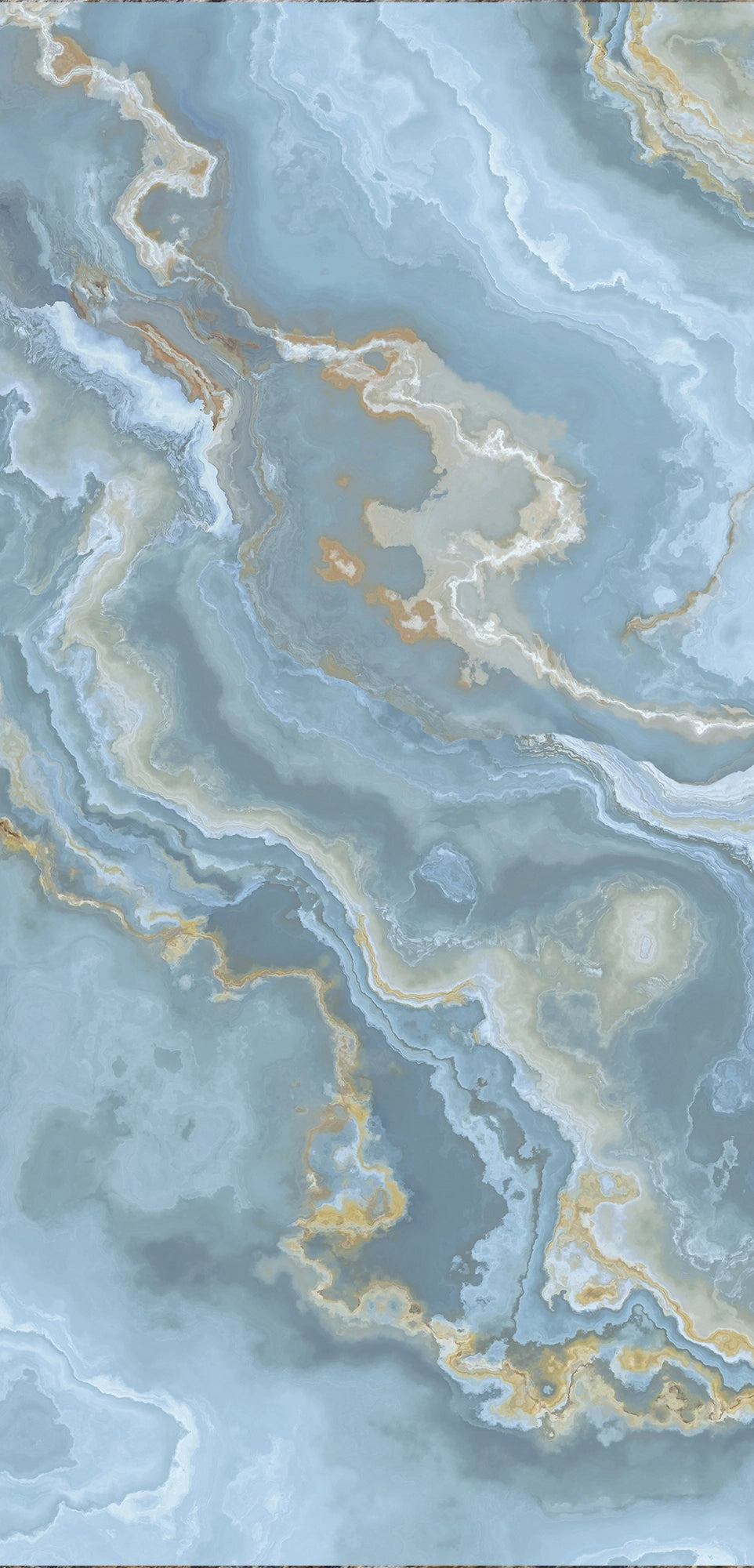 FX‑132 Ocean Crest Marble flexible marble panel showcasing soothing ocean‑blue and soft gray swirling onyx patterns highlighted with subtle sandy beige accents, by Dunya Home Design.